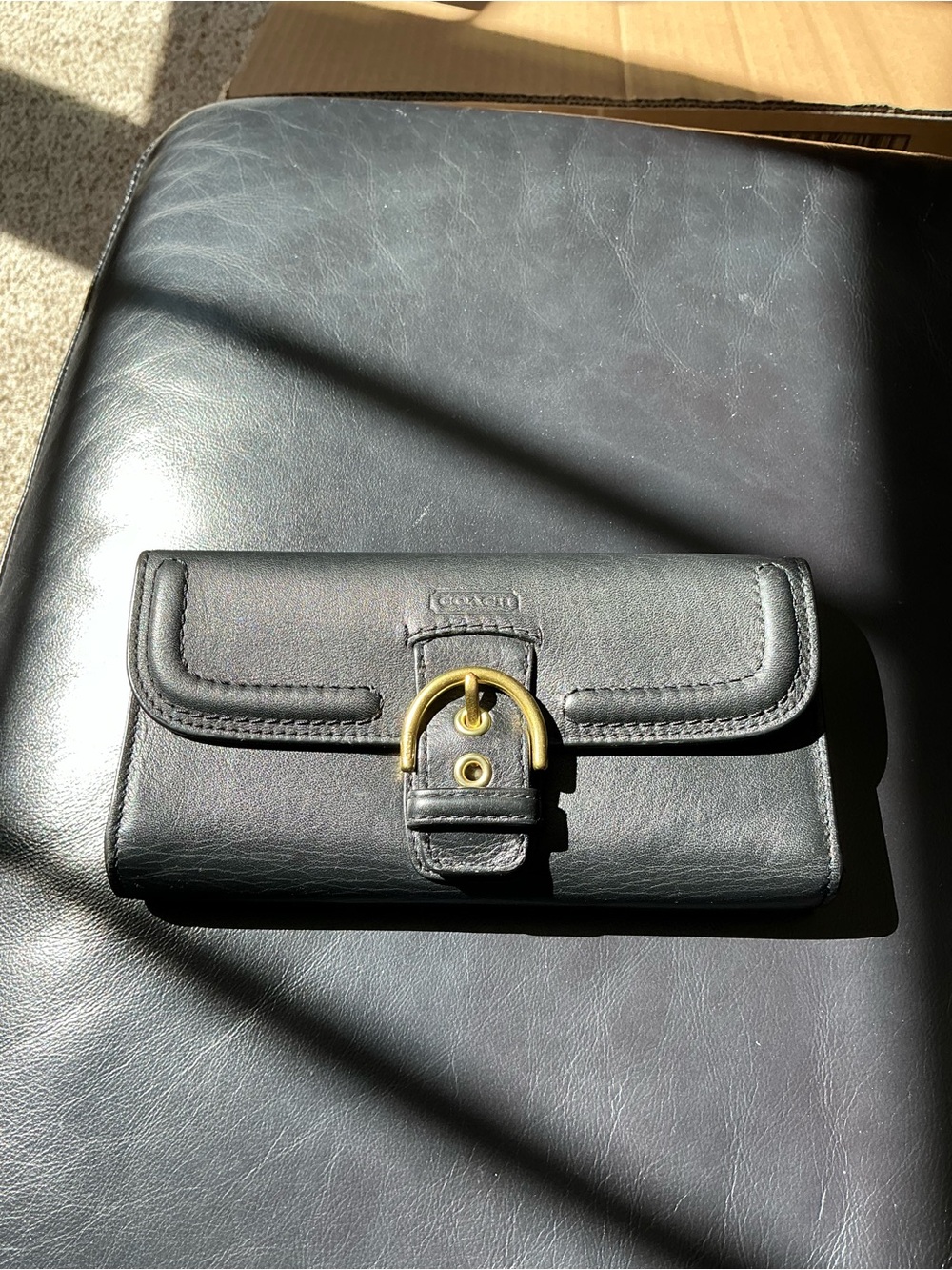Coach Black Leather Wallet with Gold-Tone Buckle